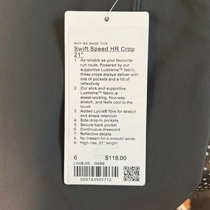 NWT LULULEMON SIZE 6 swift speed 21”